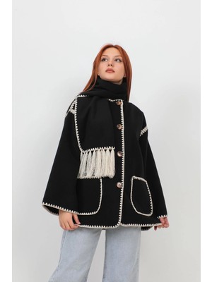 Zf Butik Kadın Siyah Nakışlı Kaşe Kaban Oversize Atkılı