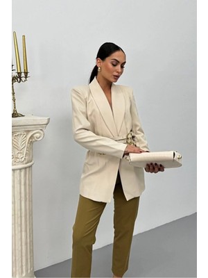 Zf Butik Kadın Blazer Ceket Bej Kemerli