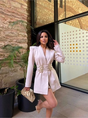 Zf Butik Kadın Kemer Detay Bej Ceket Günlük Kullanım