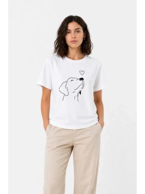 Lune Store Köpek Figürlü Minimal Baskılı Tişört Kısa Kol Yazlık T-Shirt - Beyaz