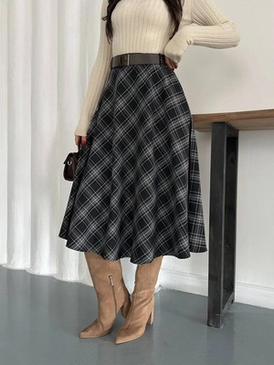 Zf Butik Kadın Siyah Ekose Etek Düz Kesim