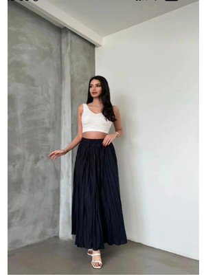 FLEX FASHION Kadın Mikro Uzun Etek Beli Lastikli Buruşuk Dokuma Lacivert