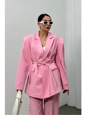 Zf Butik Kadın Beli Ipli Blazer Ceket Uzun Form Kesim Pembe