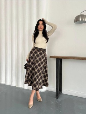 Zf Butik Kadın Ekose Etek Kahverengi Düz Kesim
