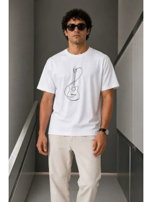 Lune Store Erkek Minimal Gitar Baskılı Tişört T-Shirt Yazlık Kısa Kol Bisiklet Yaka T-Shirt - Beyaz