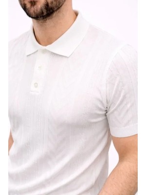 Lune Store Erkek Yazlık Triko Tişört Kısa Kol Polo Yaka Düğmeli T-Shirt - Beyaz
