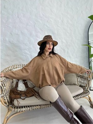 Zf Butik Kadın Fermuarlı Omuz Çıt Detaylı Süet Ceket Camel