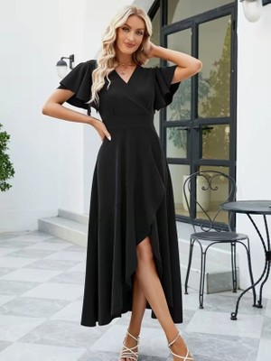 Lune Store Kadın Kısa Kollu Kruvaze Yakalı Ön Asimetrik Volanlı Uzun Ithal Krep Elbise