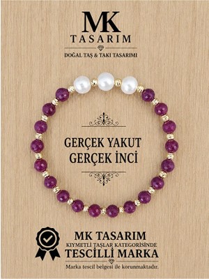MK Tasarım Gerçek Yakut Taşı Gerçek Inci Bileklik MK.7000.822- Rahatlık-Dinginlik-Enerji- Stres Bilekliği
