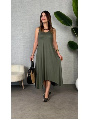 Lune Store Kadın Çan Dokuma Kumaş V Yaka Asimetrik Kesim Elbise