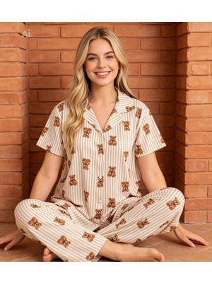 NiCe İç Giyim Krem Kahve Şerit Ayıcık Desen Gömlek Yaka Düğmeli Milan Kumaş Kadın Pijama Takım