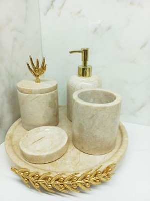 UltraMint Doğal Bej Mermer ve Mercan Detaylı 5'li Banyo Seti Takımı Zeytin Dalı Süslemeli