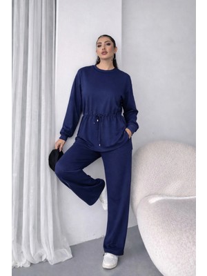 Lune Store Kadın Uzun Kollu Bisiklet Yaka Belden Büzgülü Bağcıklı Viskon Iki Iplik Bluz ve Pantolon Ikili Takım