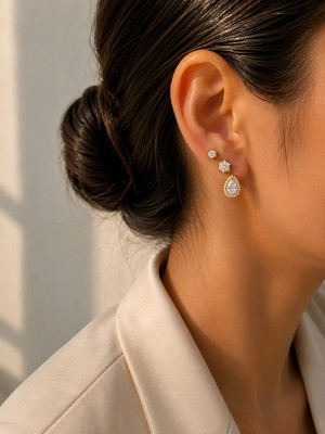 Livaz Accessories Kadın Çelik 3lü Zirkon Taşlı Küpe