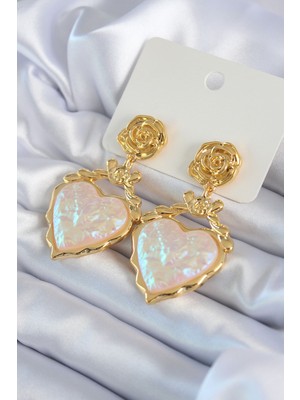 Solmazlar Online Gold Renk Gül Sallantı Kalp Model Pirinç Vip Kadın Küpe