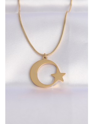 Solmazlar Online 316L Çelik Zincir Gold Renk Ay Yıldız Unisex Kolye