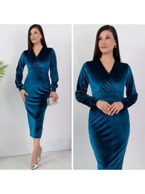Lune Store Kadın Kadife Kumaş Manşetli V Yaka Şık Kalem Elbise