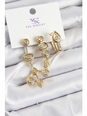 Solmazlar Online Pirinç Zirkon Taşlı Geometrik Model Gold Renk 3'LÜ Kadın Küpe