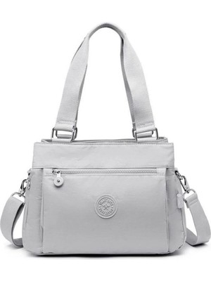 Smart Bags Orta Boy Çok Cepli Su Geçirmez Hafif Krınkıl Kumaş Kadın Omuz Çantası Buz Gri