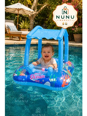 Çocuk Simiti-Gölgelikli Bebek Deniz Simidi Oturaklı Baby Float Uv Korumalı-Çocuk Simiti-