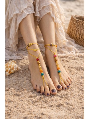 Irısıma Bohem Barefoot Sandal – Renkli Ahşap Boncuklu Çift Halhal