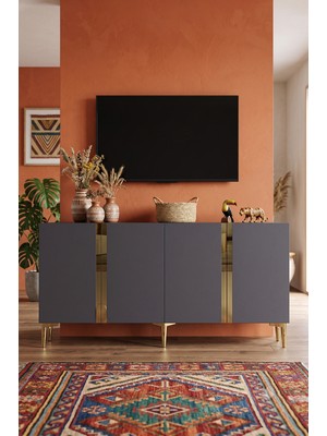 Yumedi Design KA1598AG - Cherry Konsol, Tv Sehpası, Çok Amaçlı Dolap ve Kahve Köşesi 150CM Antrasit-Gold