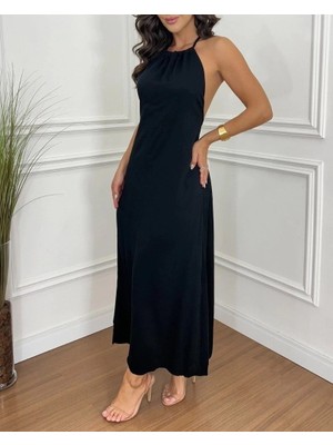 Lune Store Kadın Boyundan Askılı Halter Kollu Viskon Elbise