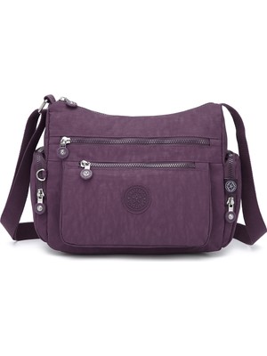 Smart Bags Orta Boy Çok Cepli Su Geçirmez Krınkıl Kumaş Kadın Omuz Çantası Mürdüm