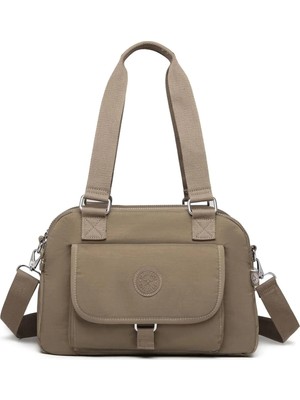 Smart Bags Orta Boy Çok Cepli Su Geçirmez Hafif Krınkıl Kumaş Kadın Omuz Çantası Açık Kahve