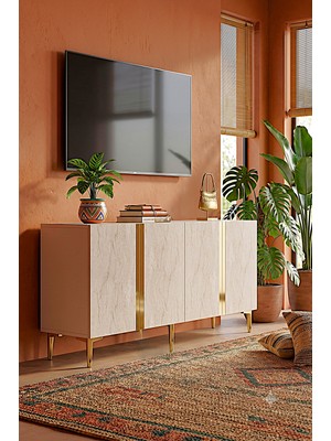Yumedi Design KA1598BTG - Cherry Konsol, Tv Sehpası, Çok Amaçlı Dolap ve Kahve Köşesi 150CM Beyaz-Traverten-Gold