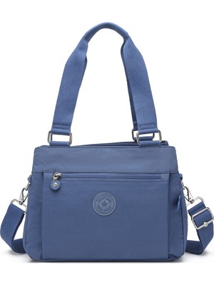 Smart Bags Orta Boy Çok Cepli Su Geçirmez Hafif Krınkıl Kumaş Kadın Omuz Çantası Mavi