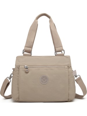 Smart Bags Orta Boy Çok Cepli Su Geçirmez Hafif Krınkıl Kumaş Kadın Omuz Çantası Bej