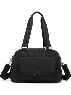 Smart Bags Orta Boy Çok Cepli Su Geçirmez Hafif Krınkıl Kumaş Kadın Omuz Çantası Siyah
