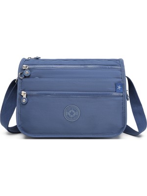 Smart Bags Çok Cepli Günlük Orta Boy Su Geçirmez Krınkıl Kumaş Kadın Omuz Çantası Mavi