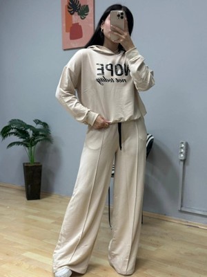 Lune Store Kadın Uzun Kollu Nope Baskılı Beli Ribanalı Ikili Takım
