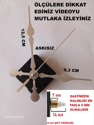 Cnr Shop Saat Makinesi, 14 mm Şaft Boyu Akar Sessiz Duvar Saati Mekanizması, Akrep-Yelkovan-Saniye-(Askısız)