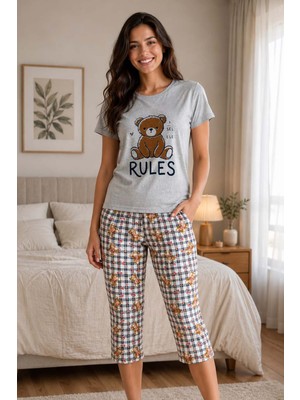 Gri Mor Tekstil Pamuklu Kısa Kollu Kaprili Kadın Pijama Takımı
