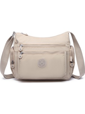 Smart Bags Orta Boy Çok Cepli Su Geçirmez Krınkıl Kumaş Kadın Omuz Çantası Bej