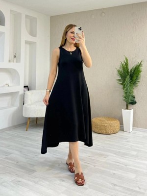 Lune Store Kadın Askılı Yuvarlak Yakalı Asimetrik Kesim Detaylı Viskon Elbise