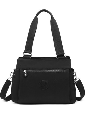 Smart Bags Orta Boy Çok Cepli Su Geçirmez Hafif Krınkıl Kumaş Kadın Omuz Çantası Siyah