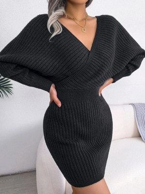 Lune Store Kadın Uzun Kollu Kruvaze Geniş Yakalı Mini Triko Elbise