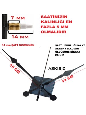 Cnr Shop 14 mm Şaft Boyu Duvar Saati Mekanizması Sessiz Çalışır Büyük Boy Akrep-Yelkovan-Saniye-(Askısız)