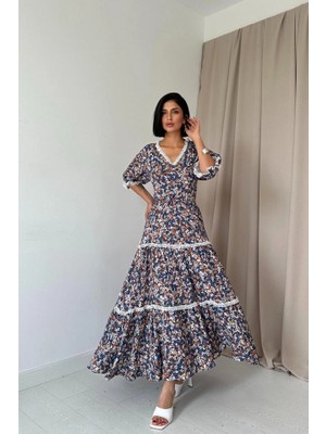Lune Store Desenli Sırtı Dekolteli Brode Elbise