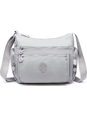 Smart Bags Orta Boy Çok Cepli Su Geçirmez Krınkıl Kumaş Kadın Omuz Çantası Buz Gri