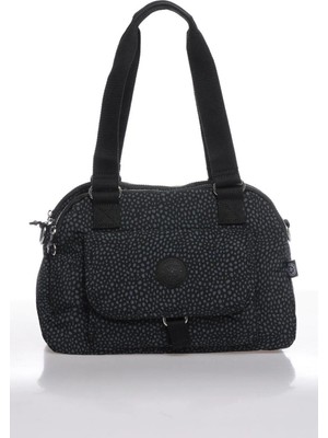 Smart Bags Orta Boy Çok Cepli Su Geçirmez Hafif Krınkıl Kumaş Kadın Omuz Çantası Puantiye Siyah