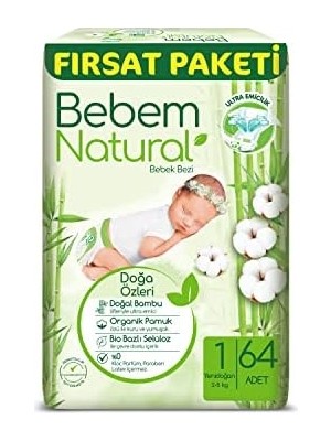 Bebem Natural Bebek Bezi Yenidoğan 1 Beden Fırsat Paketi 64 Adet