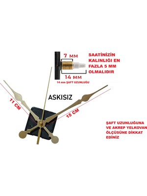 Cnr Shop 14 mm Şaft Boyu Duvar Saati Mekanizması Sessiz Çalışır Büyük Boy Akrep-Yelkovan-Saniye-(Askısız)