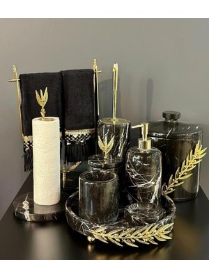 UltraMint Şık Mermer Gold Zeytin Dalı Aksesuar Seti, 9 Parça, Modern Tasarım