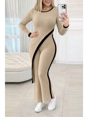 Lune Store Kadın Uzun Kollu Bisiklet Yaka Asimetrik Kesim Bluz Şardonlu Kaşkorse Bluz ve Pantolon Ikili Takım
