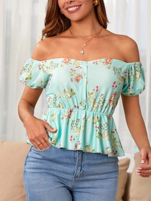 Lune Store Kadın Kısa Kollu Madonna Yaka Çiçek Desenli Düğme Detay Gipeli Süprem Kumaş Bluz